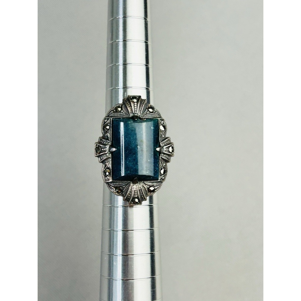 Sterling Silver Size 4.5 Marcasite Style Ring With Blue Stone‎ .925